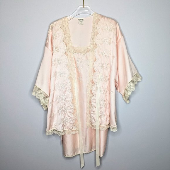 Dior Other - Vintage 1960's Miss Dior Pink Satin Lace Trim Robe and Nightgown Set Size M